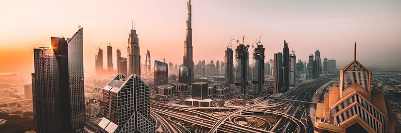 Evening skyline shot of Dubai skyscrapers