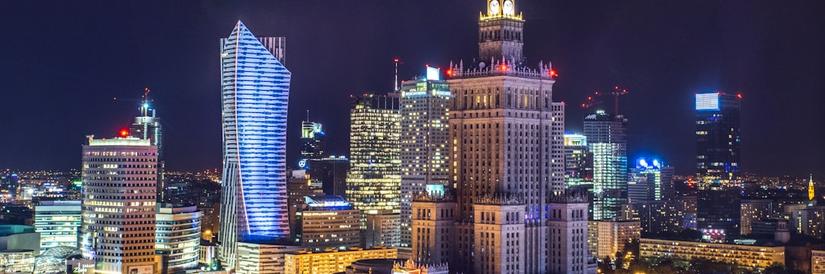 Night skyline shot of Warsaw Poland